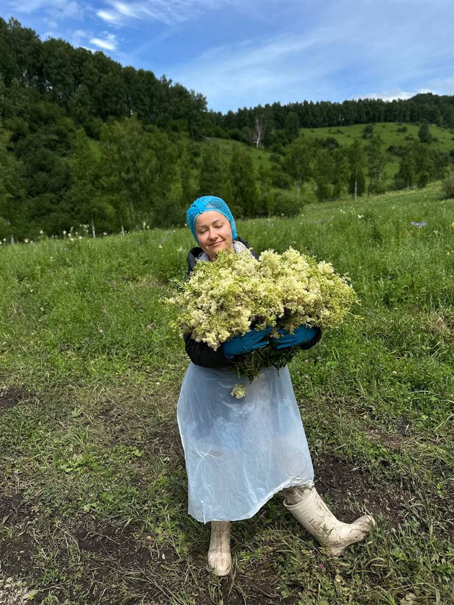 Марина с охапкой таволги на горном лугу